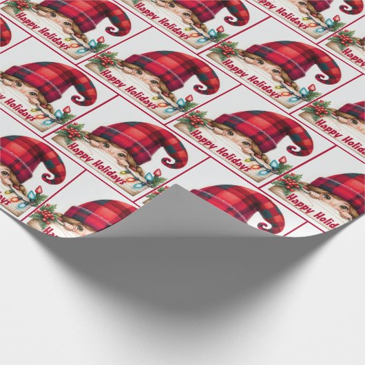 Christmas Girly Gnome mit Kariertem Hut Geschenkpapier (Ecke)