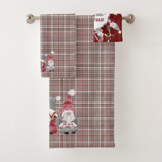 Christmas Gnome Red Gray Karierte Liebe Freude Fri Badhandtuch Set (Insitu)