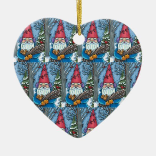 CHRISTMAS GNOME, SQUIRREL, WOODPECKER & KARDINAL KERAMIK ORNAMENT (Vorne)