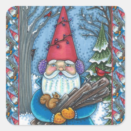 CHRISTMAS GNOME, SQUIRREL, WOODPECKER & KARDINAL QUADRATISCHER AUFKLEBER (Vorderseite)