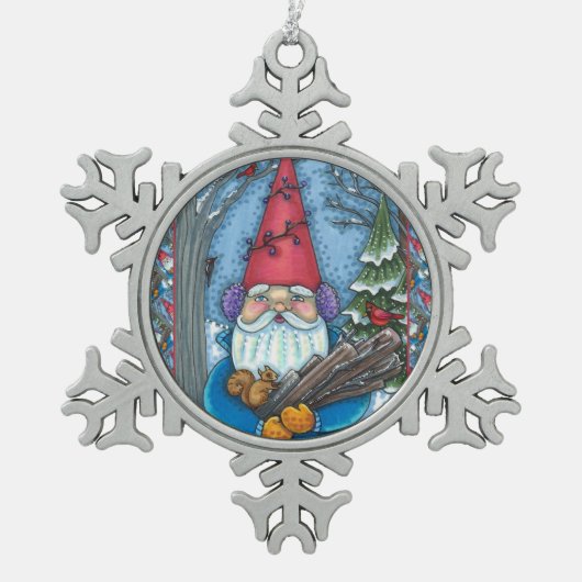 CHRISTMAS GNOME, SQUIRREL, WOODPECKER & KARDINAL SCHNEEFLOCKEN Zinn-Ornament (Vorderseite)