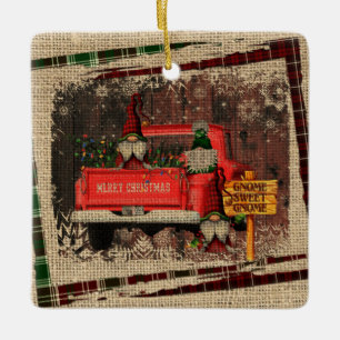Christmas Gnome Sweet Gnome Red Truck Kariert Keramikornament