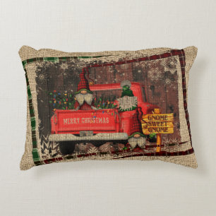 Christmas Gnome Sweet Gnome Red Truck Kariert Rust Dekokissen