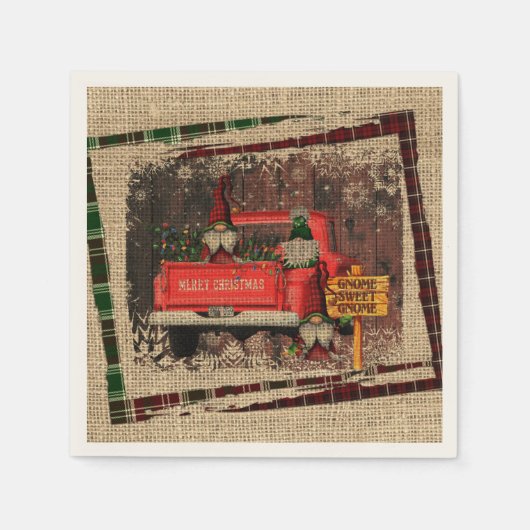 Christmas Gnome Sweet Gnome Red Truck Kariert Rust Serviette (Vorderseite)