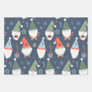 Christmas Gnomes Santa Claus Blue Green Whimsical Geschenkpapier Set