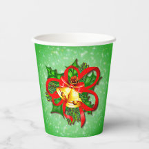 Christmas Gold Bells Green Holly Red Ribbon