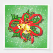Christmas Gold Bells Green Holly Red Ribbon Serviette (Vorderseite)
