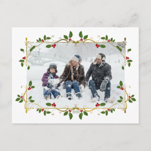 Christmas Gold Foil Holly Border Single Foto Postkarte