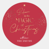 Christmas Gold Glitter Script Name Red Modern Runder Aufkleber (Vorderseite)