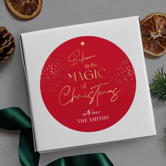 Christmas Gold Glitzer Script Name Red Modern Runder Aufkleber