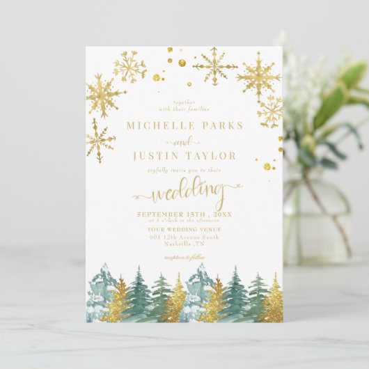 Christmas Gold Green Woodland Pine Trees Wedding I Einladung (Stehend Vorderseite)