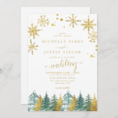Christmas Gold Green Woodland Pine Trees Wedding I Einladung (Vorne/Hinten)