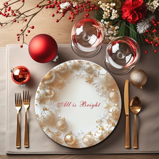 Christmas Gold Ornaments,Snowflakes All is Bright Pappteller