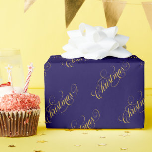 Christmas Gold Typografie Muster Blau Geschenkpapier