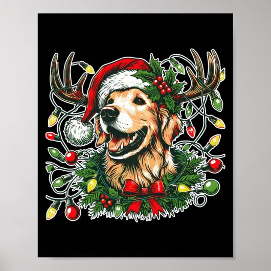 Christmas Golden Retriever Antlers Santa Hat Long  Poster (Vorne)