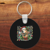 Christmas Golden Retriever Antlers Santa Hat Long Schlüsselanhänger (Vorderseite)