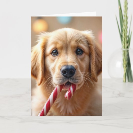 Christmas Golden Retriever Puppy and a Candy Cane Karte (Vorderseite)