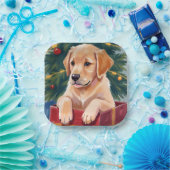 Christmas Golden Retriever Puppy Present Holiday Pappteller (Party)