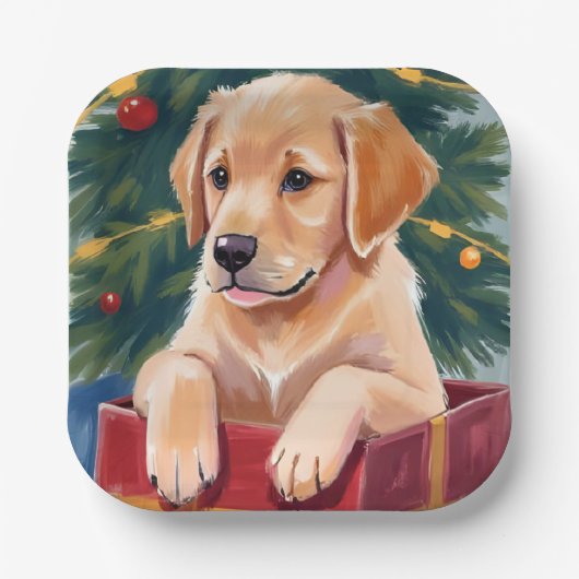 Christmas Golden Retriever Puppy Present Holiday Pappteller (Vorderseite)