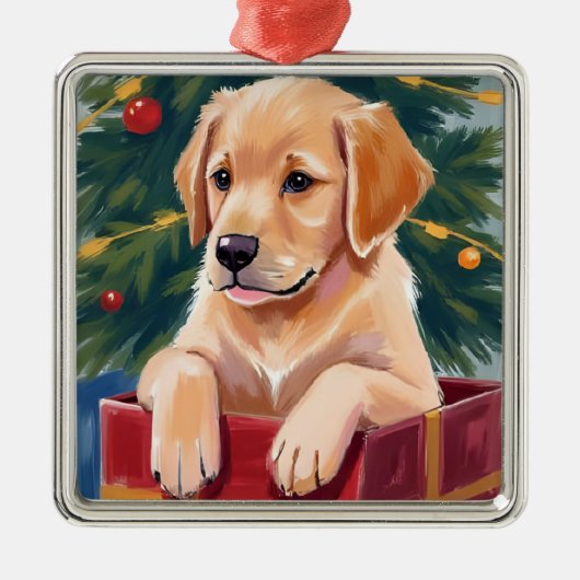 Christmas Golden Retriever Puppy Present Ornament Aus Metall (Vorne)