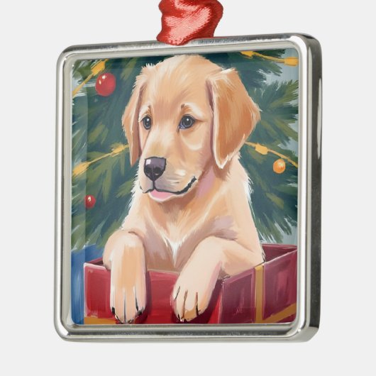 Christmas Golden Retriever Puppy Present Ornament Aus Metall (Links)