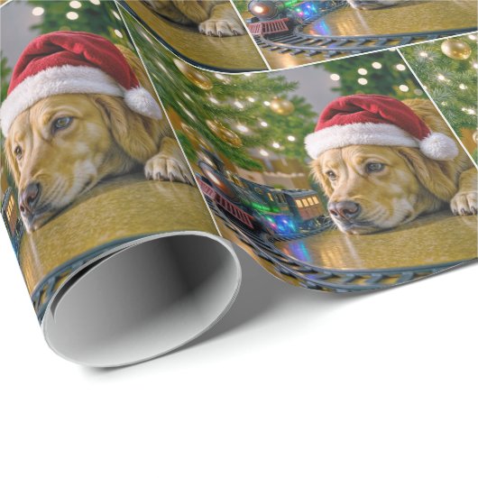 Christmas Golden Retriever Watching a Toy Train Geschenkpapier (Rolleneckpunkt)