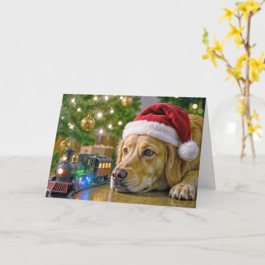 Christmas Golden Retriever Watching a Toy Train Karte (Gelbe Blume)