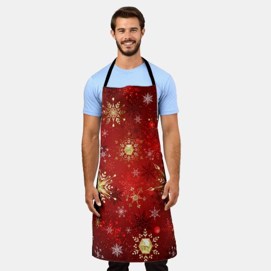 Christmas Golden Snowflakes on Red Background Schürze (Getragen)