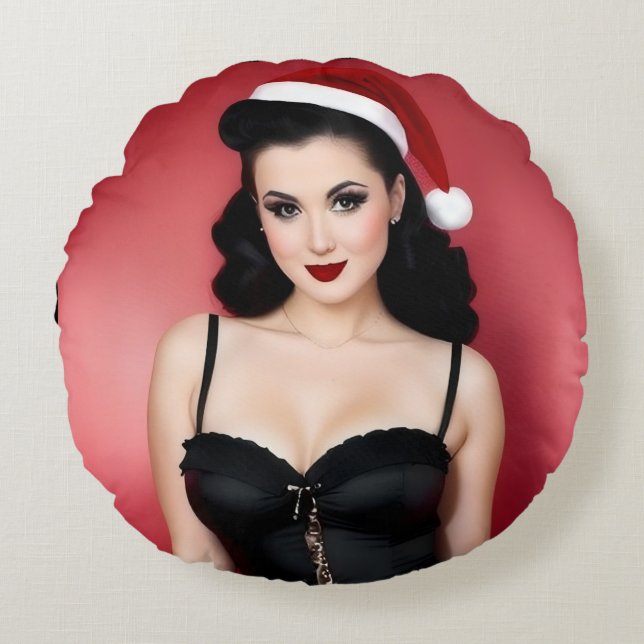 Christmas Goth Girl in Hat Round Throw Pillow Rundes Kissen (Vorderseite)