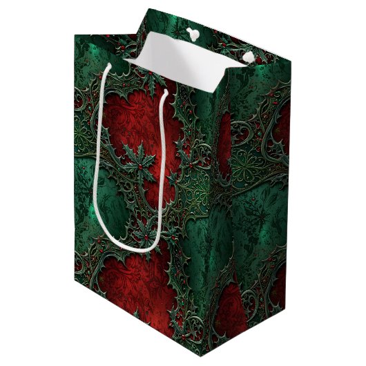 Christmas Gothic Grunge Red & Green Holly Mittlere Geschenktüte (Vorderseite Schrägansicht)