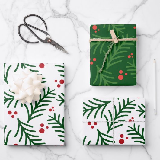 Christmas Green Berries Modern Wrapping Paper Geschenkpapier Set (Vorderseite)