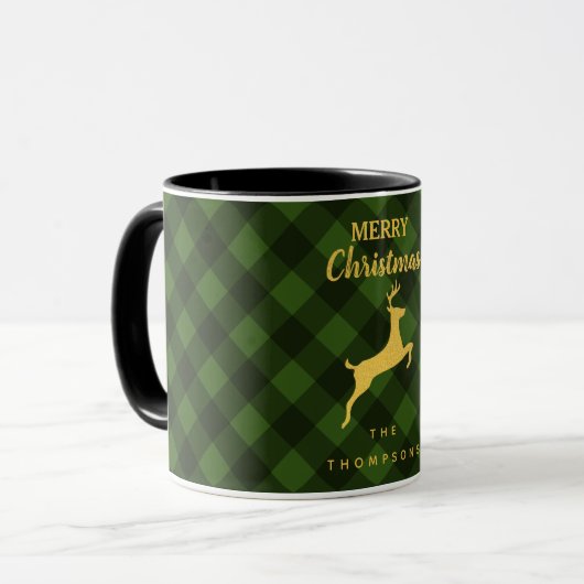 Christmas Green & Black Buffalo Kariert Rentier Tasse (Vorderseite Links)