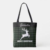 Christmas Green & Black Plaid Reindeer Custom Name Tasche (Rückseite)