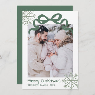 Christmas Green Bow snowflakes Photo card Einladung