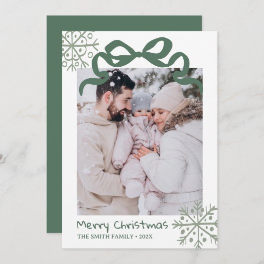 Christmas Green Bow snowflakes Photo card Einladung (Vorne/Hinten)
