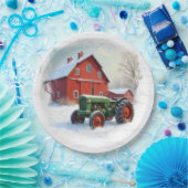 Christmas Green Farm Tractor and Red Barn Pappteller (Party)