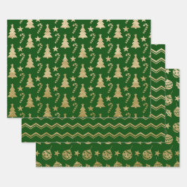 CHRISTMAS GREEN & GOLD URLAUB BÄUME ORNAMENTS GESCHENKPAPIER SET