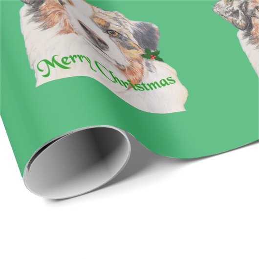 Christmas Green Realistic Australian Shepherd Geschenkpapier (Rolleneckpunkt)