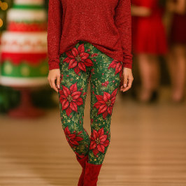 Christmas Green Red Poinsettia Floral Leggings