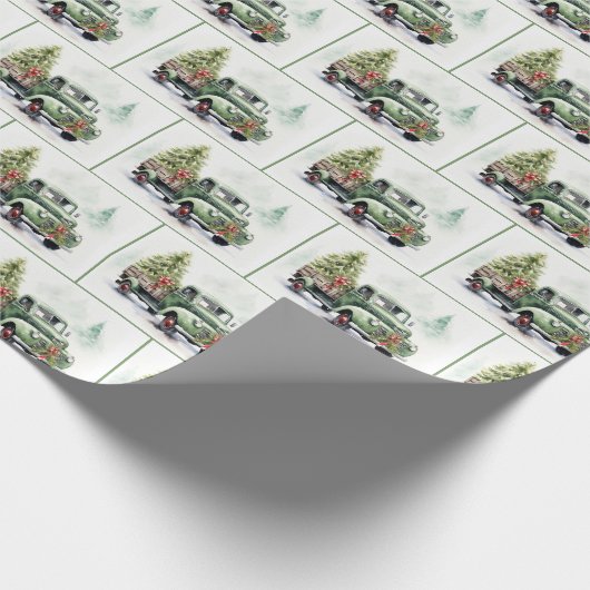 Christmas Green Retro Truck With Tree Geschenkpapier (Ecke)
