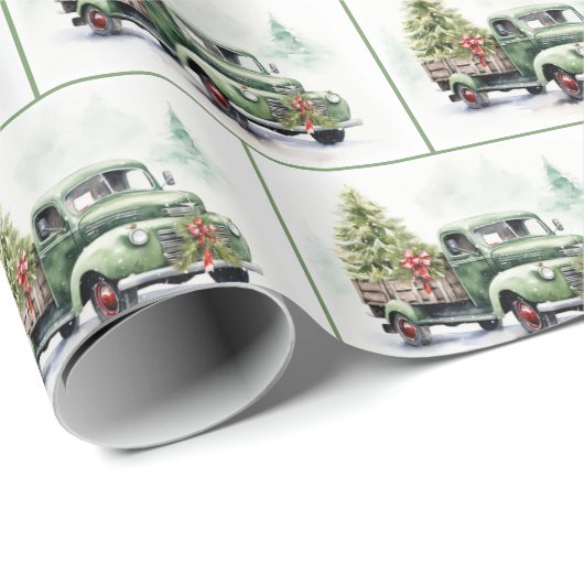 Christmas Green Retro Truck With Tree Geschenkpapier (Rolleneckpunkt)