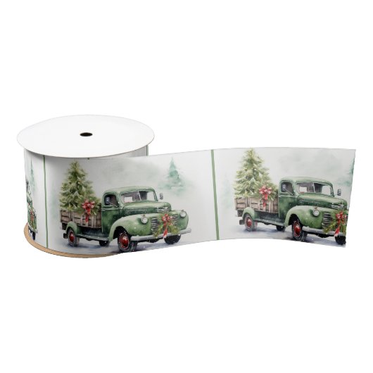 Christmas Green Retro Truck With Tree Satinband (Spule)