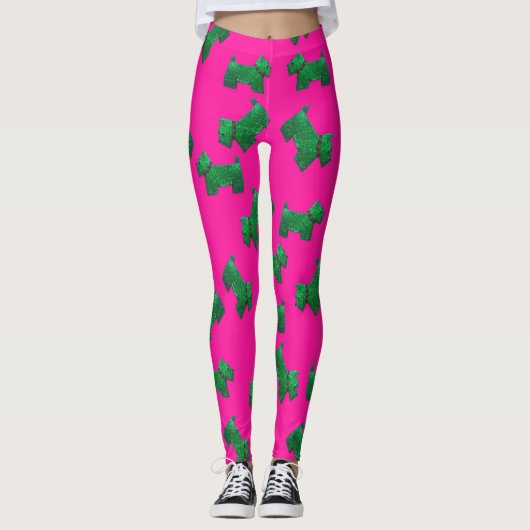 Christmas Green ScottieTerrier Rosa Hintergrund Leggings (Vorderseite)