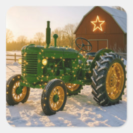 Christmas Green Tractor With Glowing Lights Quadratischer Aufkleber