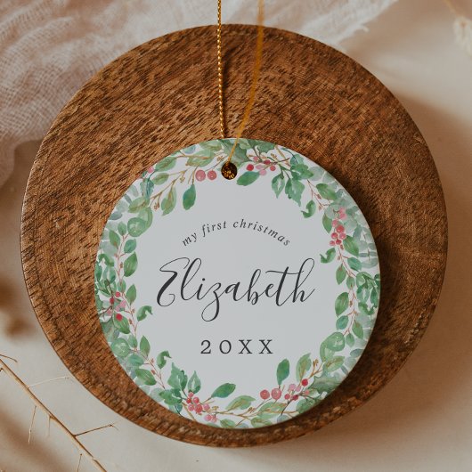 Christmas Greenery Baby's First Christmas Foto Keramik Ornament