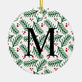 Christmas Greenery Berries INITIAL Modern Holiday Keramik Ornament
