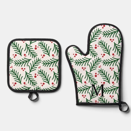 Christmas Greenery Berries INITIAL Modern Holiday Ofenhandschuh & Topflappen-Set (Vorderseite)