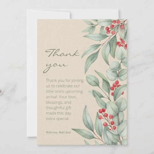 Christmas Greenery Berry Winter Baby Shower Dankeskarte (Vorderseite)