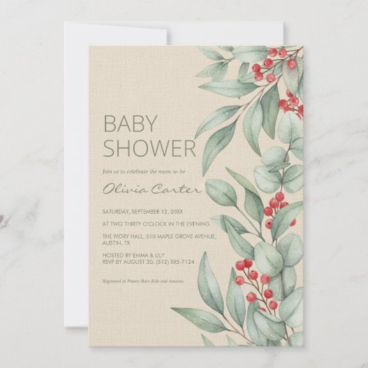 Christmas Greenery Berry Winter Baby Shower Einladung (Vorderseite)