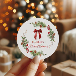 Christmas Greenery Red Bow Bridal Shower  Runder Aufkleber